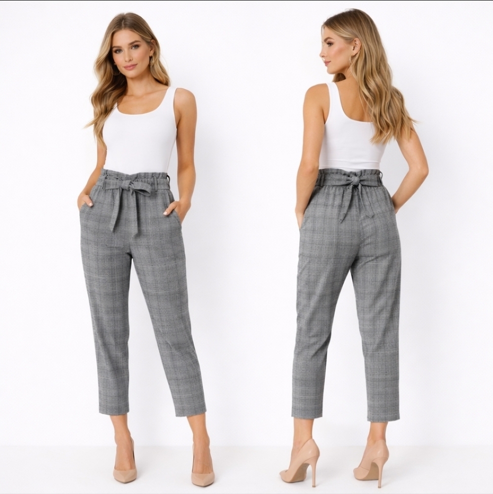 Grey Glen Plaid Paperbag Waist Tapered Ankle Pants Office Chic